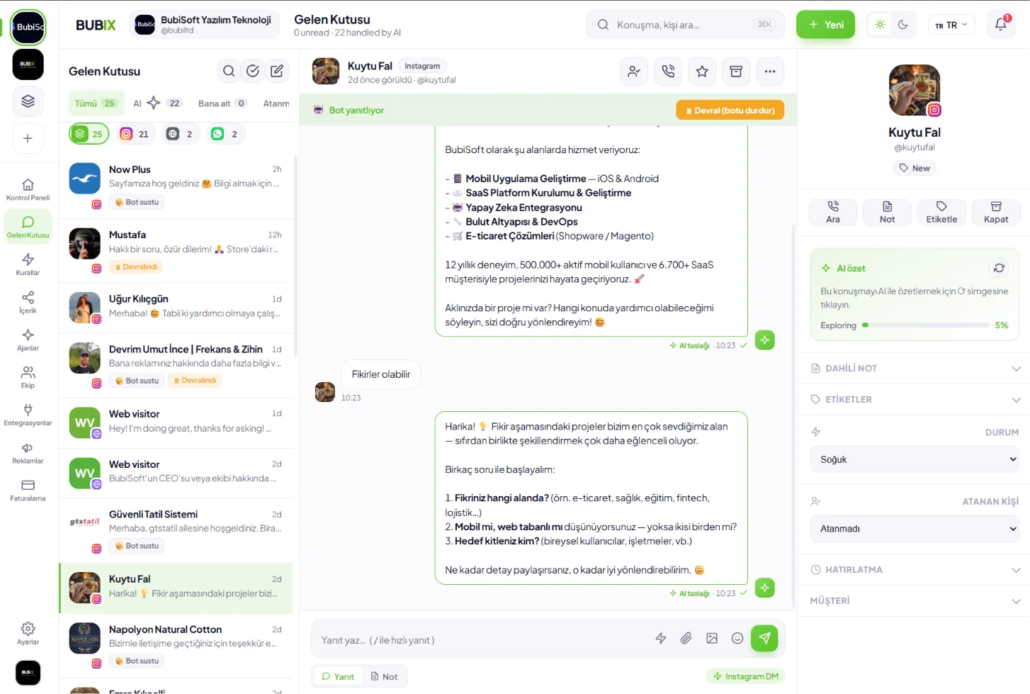 Inbox — every channel in one thread, with lead scoring and AI replies